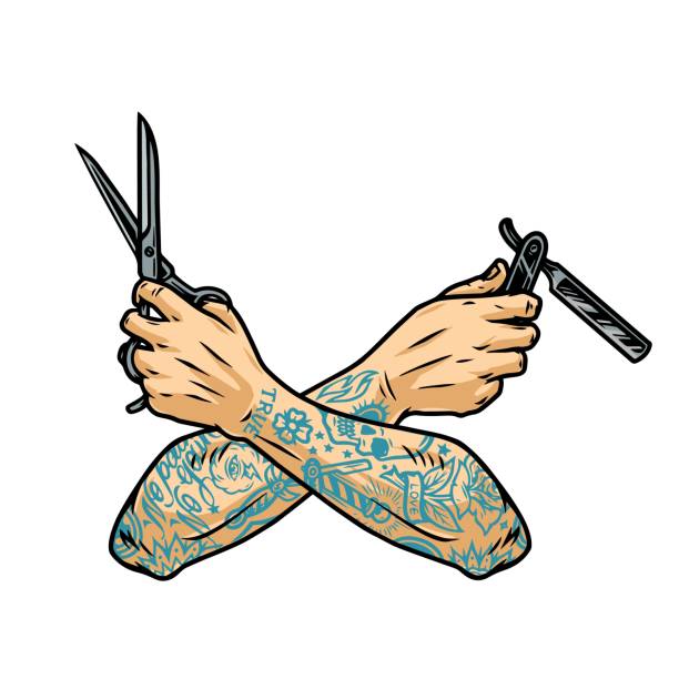 Barbershop vintage concept Barbershop vintage concept with crossed tattooed barber hands holding scissors and straight razor isolated vector illustration tattoo arm stock illustrations