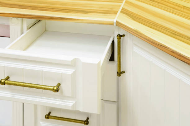 istock Opened kitchen drawer, kitchen in a modern neoclassicism style with wood top and white fronts. 1300666419