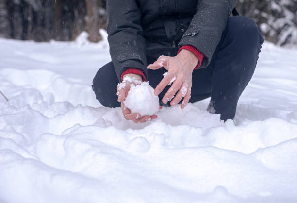 istock Bare male hands making or molding snowball from snow in forest, close up 1300667758