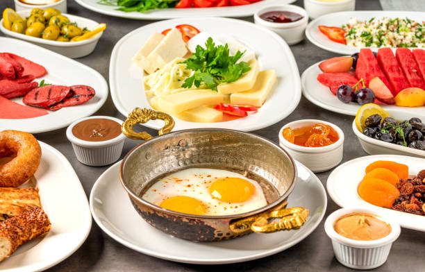 istock Traditional Turkish Breakfast served with traditional turkish tea on stone table 1300670453
