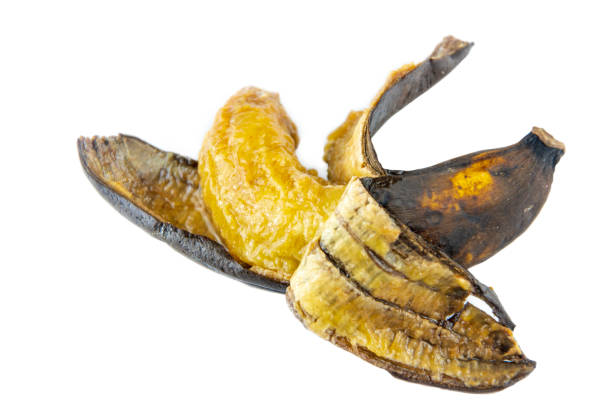 Peeled rotten banana on white isolated background Banana, Rotting, Black Color, Yellow Color, White Background bruised fruit stock pictures, royalty-free photos & images