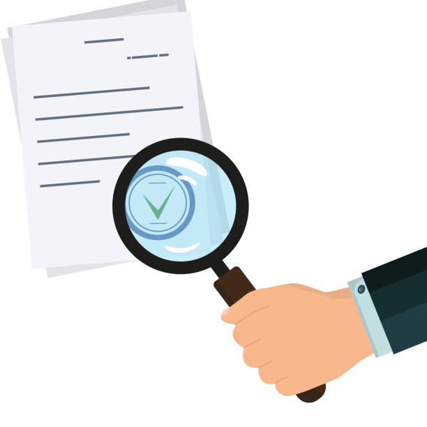 ilustrações de stock, clip art, desenhos animados e ícones de businessman's hand holds a magnifying glass. contract, report or checklist with stamp and green check mark. verification of the authenticity of the document. vector illustration. flat style - condition text magnifying glass contract