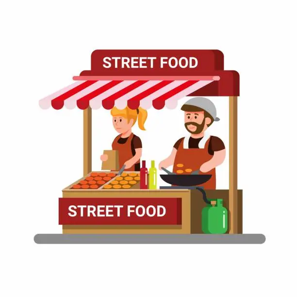 Vector illustration of Asian street food vendor. man and woman cooking and selling fried food concept in cartoon illustration vector