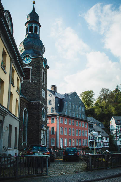 MONSCHAU, GERMANY - MAI 22 2019: Small picturesque town in the Eifel region in Noth Rhine-Westphalia. It is famous for its half-timbered houses and cobblestone streets