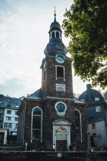MONSCHAU, GERMANY - MAI 22 2019: Small picturesque town in the Eifel region in Noth Rhine-Westphalia. It is famous for its half-timbered houses and cobblestone streets