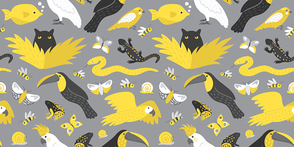 Fauna seamless pattern gray yellow. 2021 trendy colors. Bicolor animals, birds, insects, fish. Frog, toucan, snail, salamander and parrot. Funny cat or panther . Creative modern hand drawn creatures.