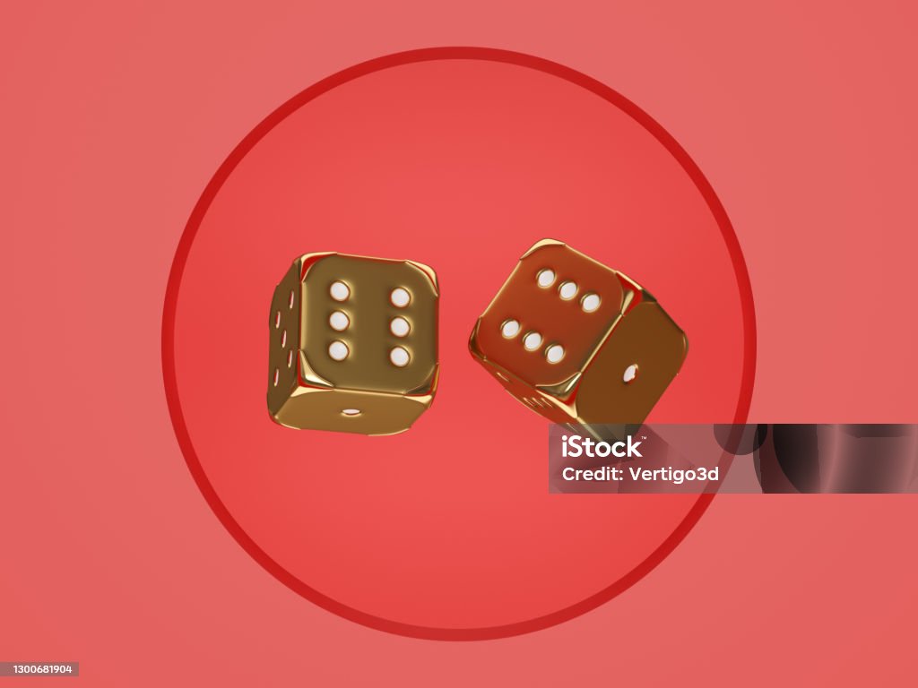 Golden Casino dices on the red background gambling 3d concept Casino Stock Photo