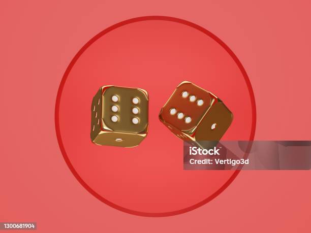 Golden Casino Dices On The Red Background Stock Photo - Download Image Now - Casino, Dice, Gold - Metal
