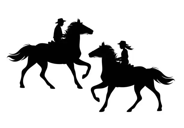 Vector illustration of boy and girl wearing cowboy hat riding running horse black vector silhouette