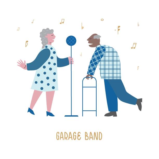 Elderly music lovers started band. Senior lady and man enjoy song in their music club. Concept vector illustration for web, banner Elderly music lovers started band. Senior lady and man enjoy song in their music club. Concept vector illustration for web, post, banner old people dancing stock illustrations