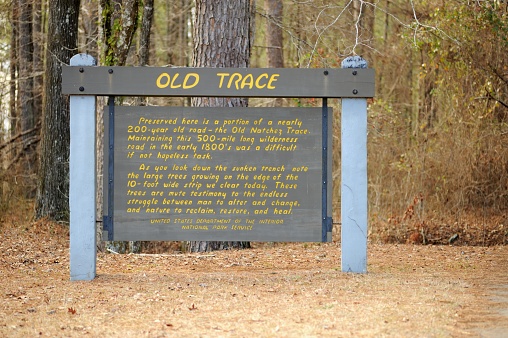 Close up of Old Trace sign on Natchez Trace Parkway in Mississippi