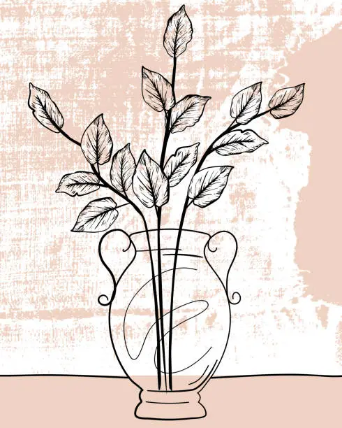 Vector illustration of Modern Botanical Drawing Of Plants In A Vase