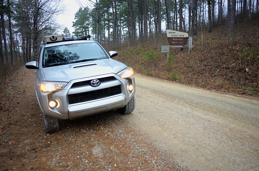 Jessieville, Arkansas - December 29, 2020: Overlanding 4Runner parked along Forest Service Road 132 and the Winona Scenic Drive in the Ouachita National Forest near Jessieville, Arkansas.