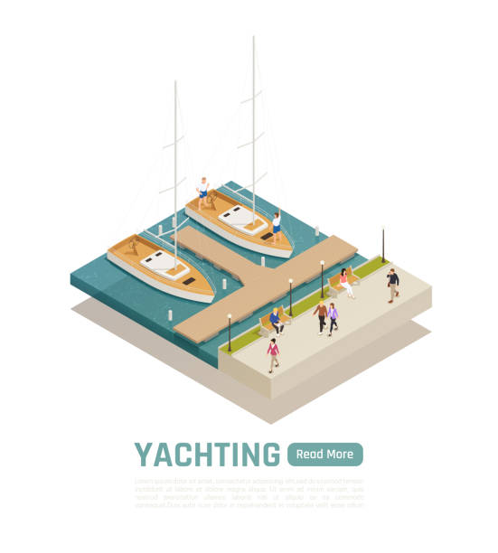 illustrazioni stock, clip art, cartoni animati e icone di tendenza di composizione yachting isometrica colorata - isometric nautical vessel yacht sailboat