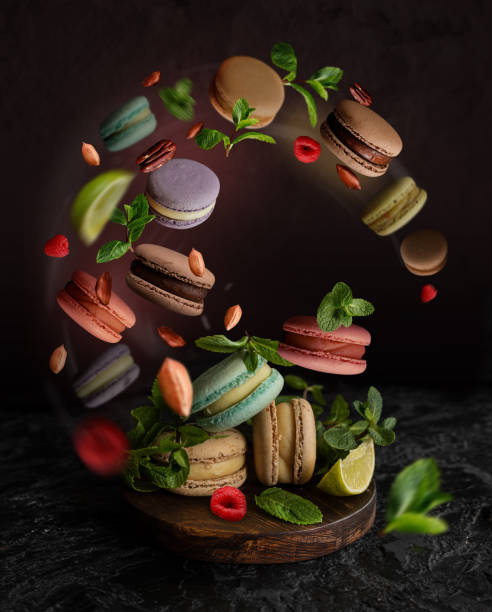 Levitation macarons. Small French cakes. Sweet and colorful French macarons cakes.