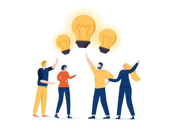 Vector illustration of Sharing business ideas, collaboration meeting, sharing knowledge, teamwork or people thinking the same idea concept.