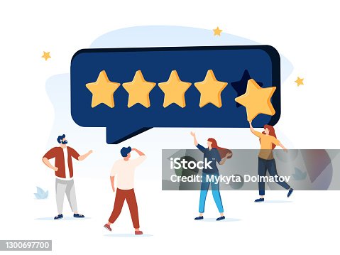 istock People Characters Giving Five Star Feedback. Clients Choosing Satisfaction Rating and Leaving Positive Review. Customer 1300697700