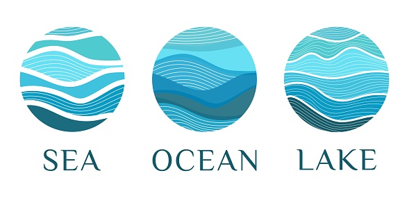 Abstract wavy lines in circle sea waves,ocean,coast,lake,river flow,water design template vector pattern logo blue. Icon beach,symbol summer,badge hotel,pictogram for tourism,sign voyage,cruise travel