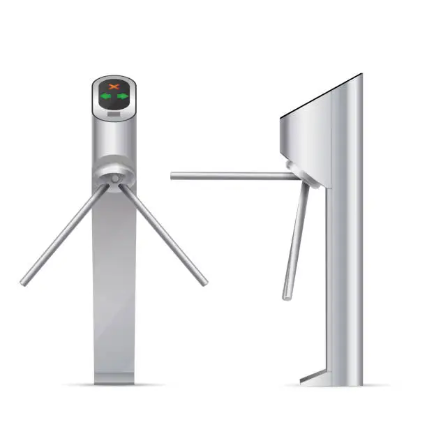 Vector illustration of Turnstile, turnpike, baffle or automated metal gate realistic style. Faregate, paid admission.