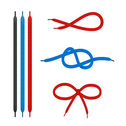 Shoe laces straight and tied in different knots realistic set. Shoestrings red, blue, black collection. Shoelaces bow, loop. Lacing elements. Vector illustration isolated on white background.