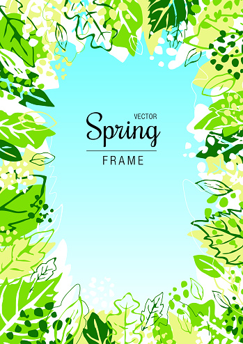 Hand drawn spring leaves on blue sky background. Fully editable vector, ready to put your message, logo or any other graphics.