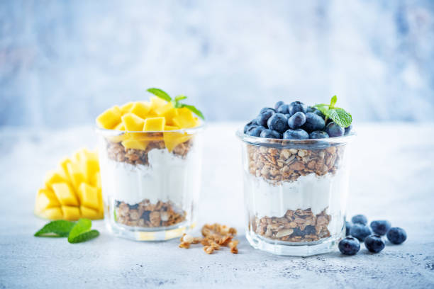 istock Mango  and blueberry Greek yogurt granola parfait in a glass 1300709111