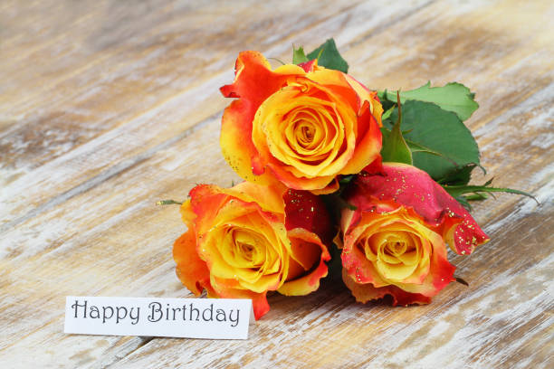happy birthday card with three beautiful colorful roses on rustic wooden surface - note rose image saturated color imagens e fotografias de stock