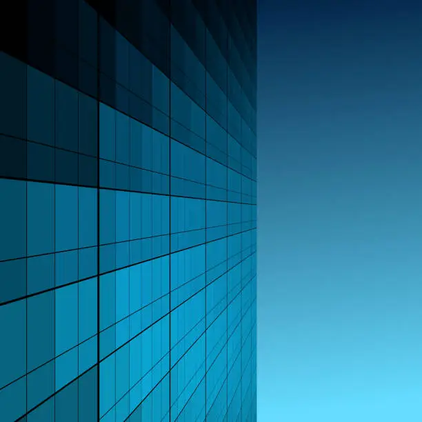 Vector illustration of Vector: Blue hour business and finance building facade with windows reflecting