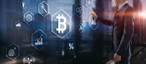 istock Hand touching Bitcoin button. Modern business technology concept. Bitcoin, Ethereum. 1300713325