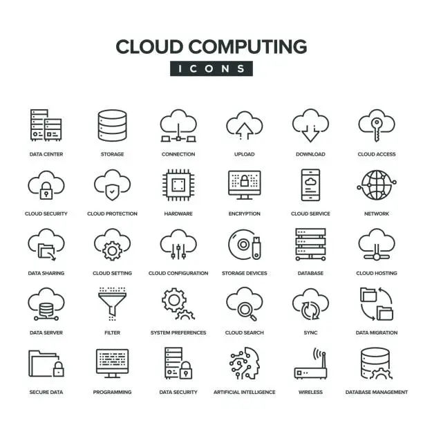 Vector illustration of Cloud Computing Line Icon Set