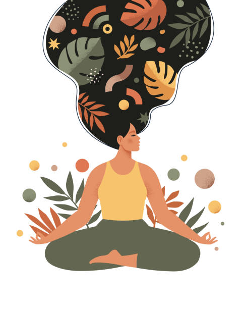 ilustrações, clipart, desenhos animados e ícones de mindfulness, meditação e fundo de yoga em cores vintage pastel com mulheres sentam-se com as pernas cruzadas e meditam. ilustração vetorial. - religious icon illustrations