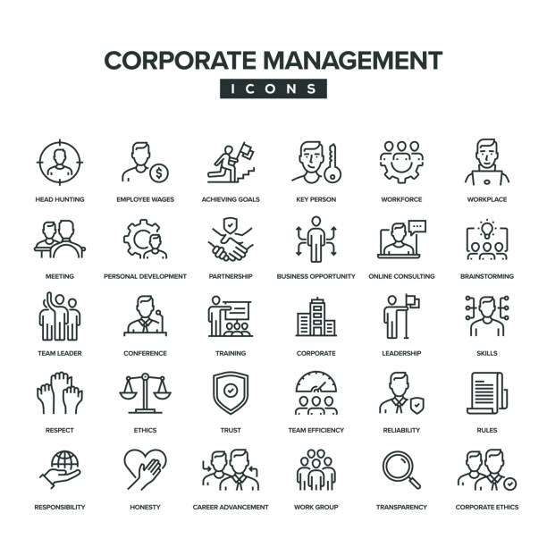 기업 관리 라인 아이콘 세트 - responsibility stock illustrations