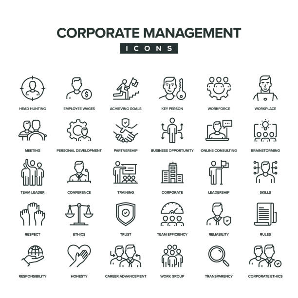 ilustrações de stock, clip art, desenhos animados e ícones de corporate management line icon set - brainstorming meeting marketing business