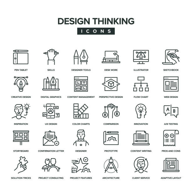 illustrations, cliparts, dessins animés et icônes de ensemble d’icônes design thinking line - skill business webdesign measuring