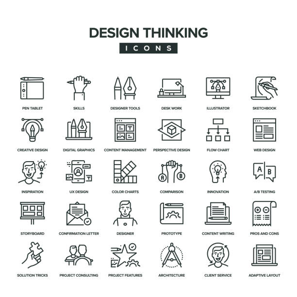 ilustrações de stock, clip art, desenhos animados e ícones de design thinking line icon set - skill business webdesign measuring