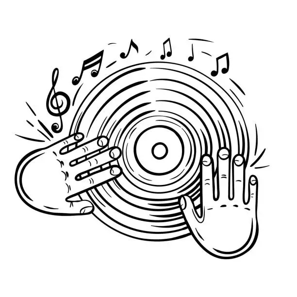 Vector illustration of Vinyl record and musical notes. Disc with dj hand vector sketch icon isolated on background