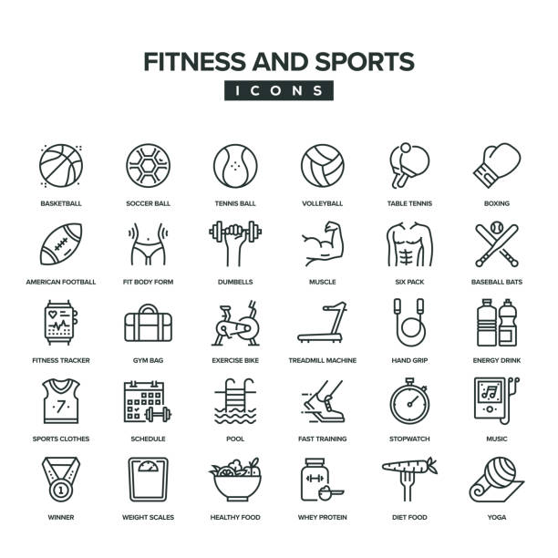 피트니스 및 스포츠 - weights boxing glove stopwatch symbol stock illustrations