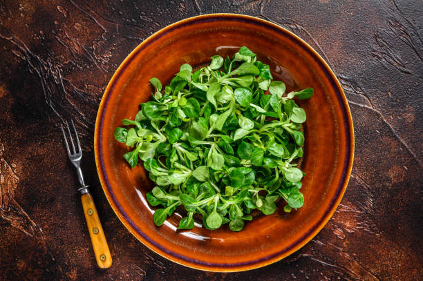 istock Fresh green corn salad leaves on a rustic plate. Dark background. Top view 1300718191