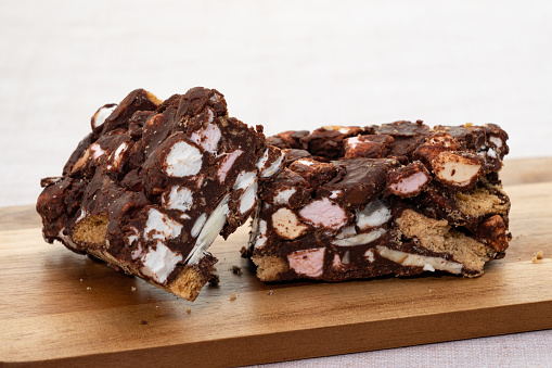 Two pieces of Rocky road biscuit cake