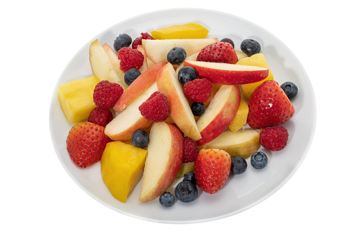 Plate of fresh fruit salad - white background