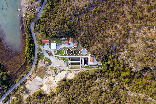 Aerial view of Wastewater Treatment Plant in Fethite. Mugla, Turkey. Taken via drone.