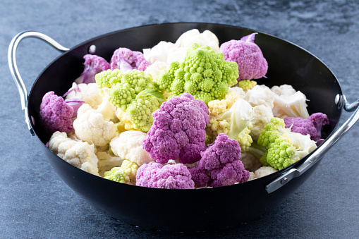 close-up of multi colored cauliflower in a pot