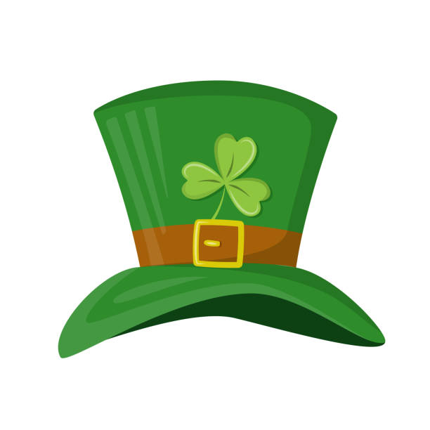 Green St. Patrick's Day hat with clover leaf Green St. Patrick's Day hat with clover leaf. Leprechaun's hat with shamrock. Vector illustration in modern flat design. For banner, poster, cards, invitation, flyer. leprechaun hat stock illustrations