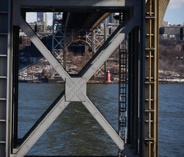 The Little red Lighthouse sits on the New York side of the Hudson River under the George Washington Bridge as seen through the GWB Girders on the jersey side The Little red Lighthouse sits on the New York side of the Hudson River under the George Washington Bridge as seen through the GWB Girders on the jersey side gwb stock pictures, royalty-free photos & images