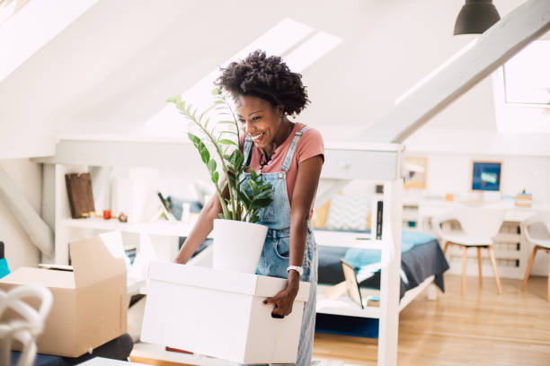 Happy African-American woman moving into a new home Beautiful African-American young woman carrying her belongings while moving into the new home. home ownership stock pictures, royalty-free photos & images