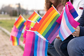 Multiple LGBTQ flags hold by people no a protest