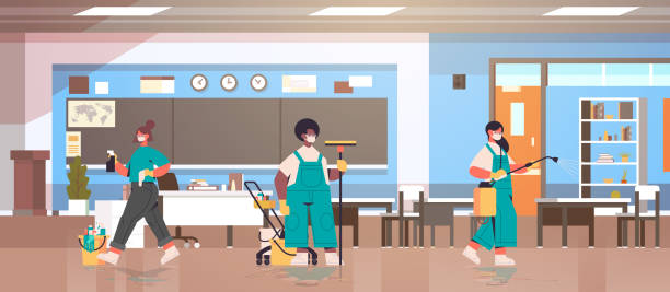 mix race cleaners in masks disinfecting coronavirus cells in school classroom to prevent covid-19 pandemic mix race cleaners in masks disinfecting coronavirus cells in school classroom to prevent covid-19 pandemic cleaning service disinfection control of epidemic concept horizontal full length vector illustration school cleaning stock illustrations