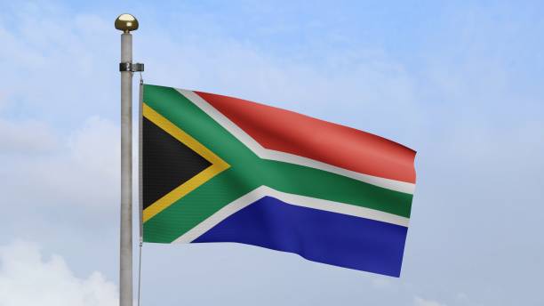 африканский флаг rsa развевается на ветру. крупным планом южноафриканского баннера дует - nelson mandela стоковые фото и изображения