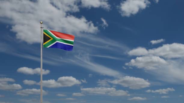 африканский флаг rsa развевается на ветру. крупным планом южноафриканского баннера дует - nelson mandela стоковые фото и изображения
