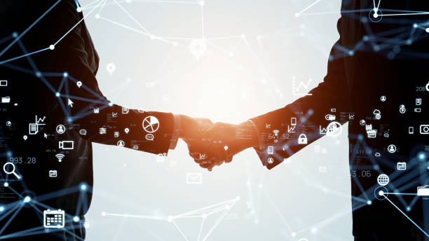 istock Connection of business concept. Business and technology. Shaking hands. 1300746182